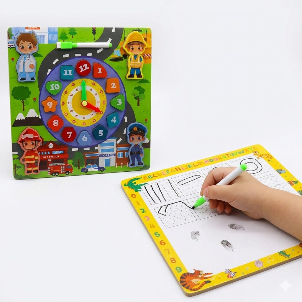 Montessori Police Wooden Clock Puzzle 5-in-1 with Whiteboard – Kids Learning Toy