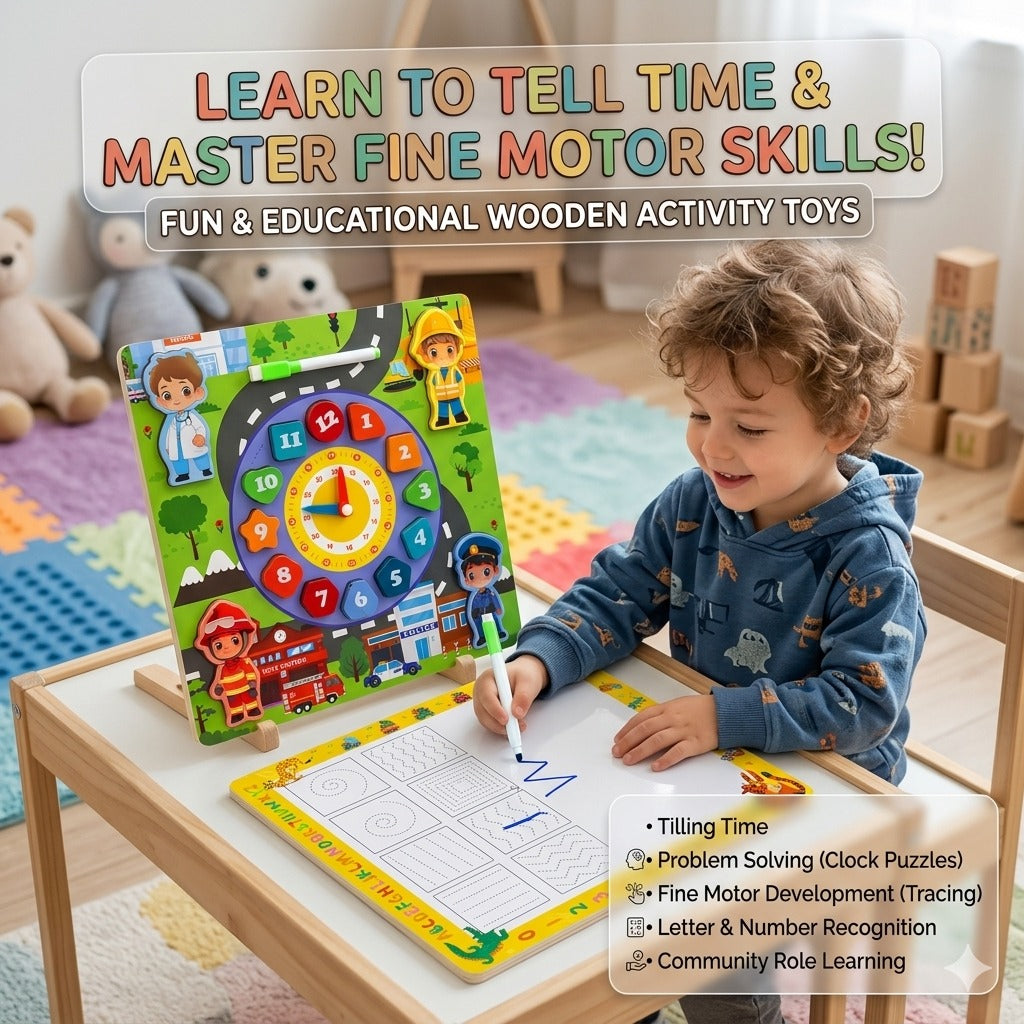 Montessori Police Wooden Clock Puzzle 5-in-1 with Whiteboard – Kids Learning Toy
