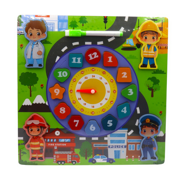Montessori Police Wooden Clock Puzzle 5-in-1 with Whiteboard – Kids Learning Toy