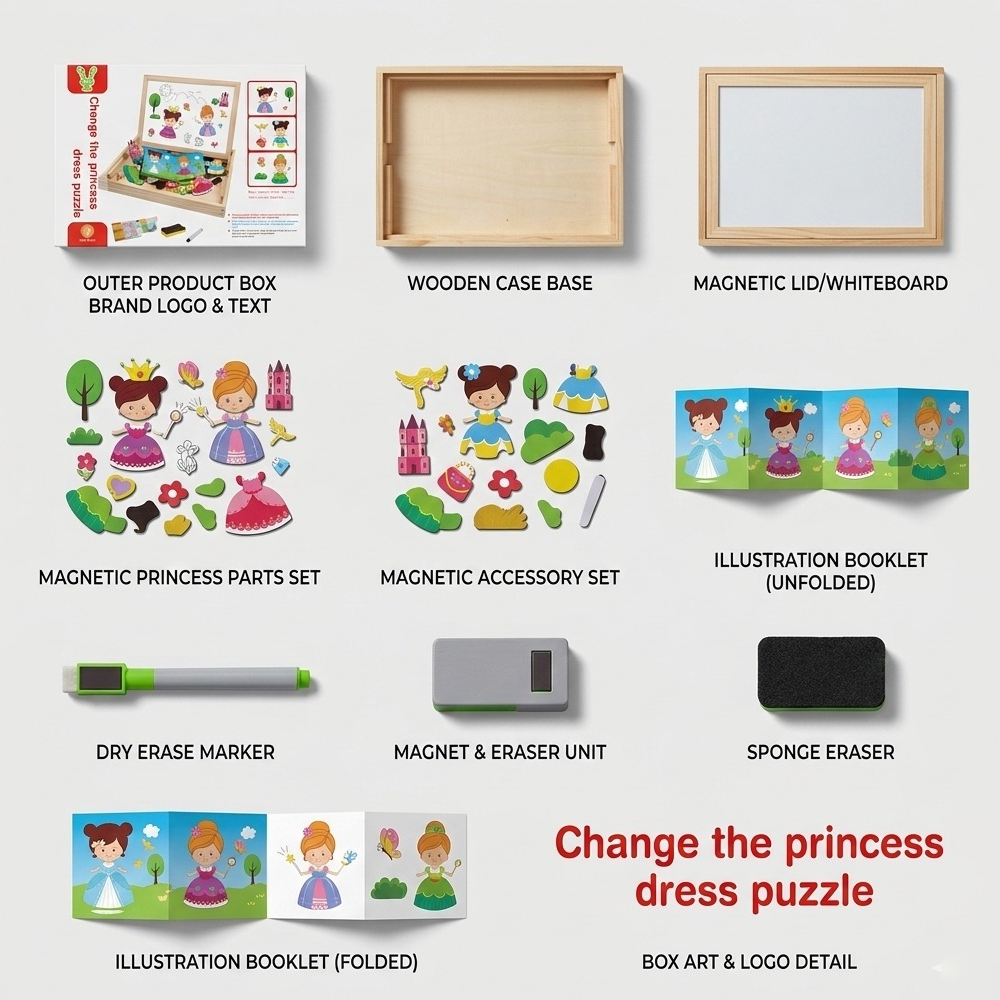 Kids 4-in-1 Magnetic Math & Drawing Montessori Wooden Case – Princess Theme