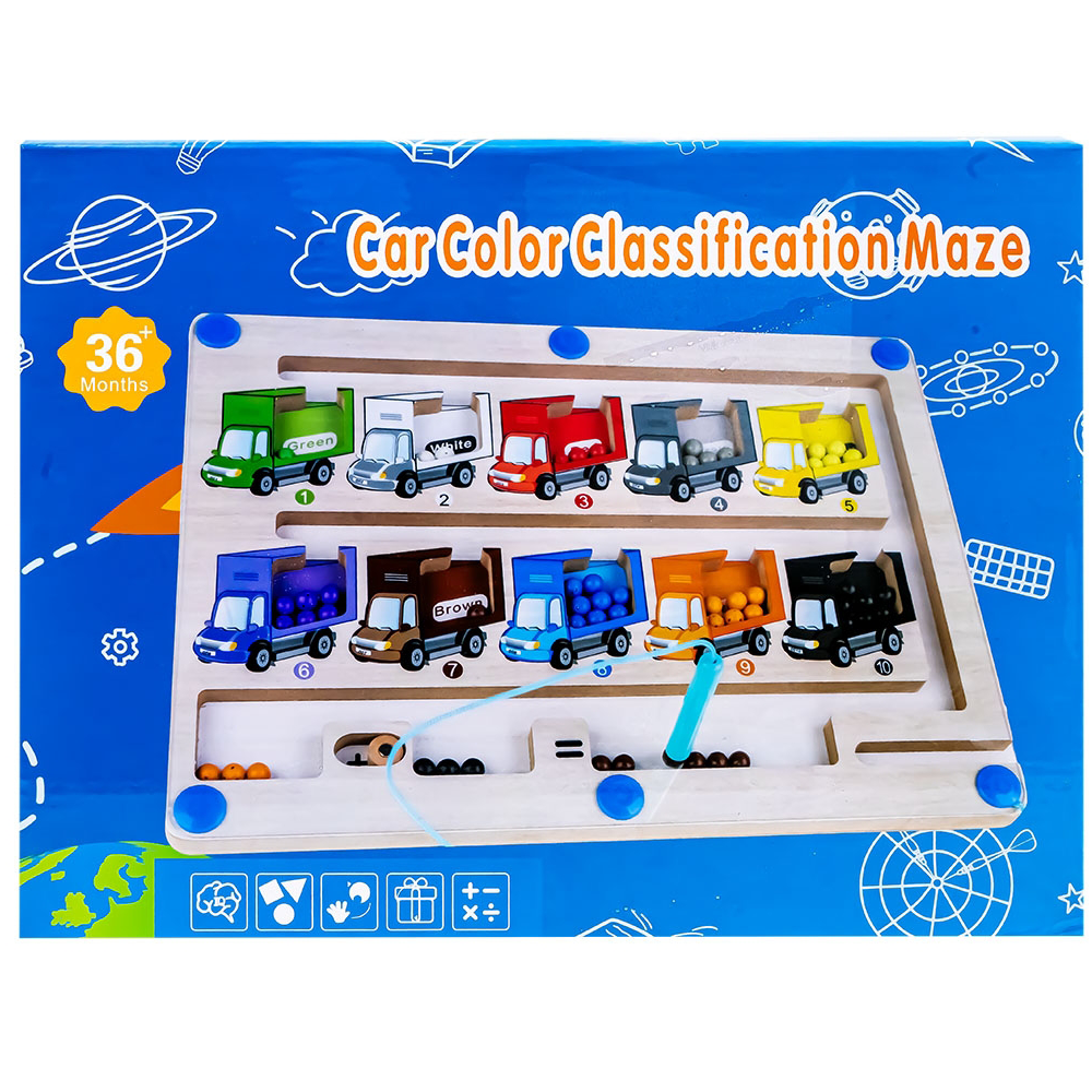 Car Colour & Number Classification Maze – Wooden Magnetic Learning Toy for Kids