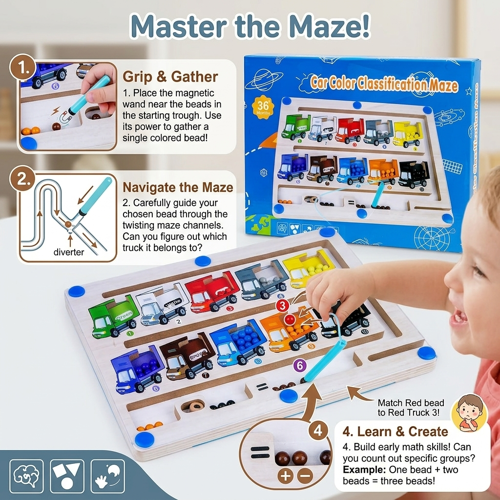 Car Colour & Number Classification Maze – Wooden Magnetic Learning Toy for Kids
