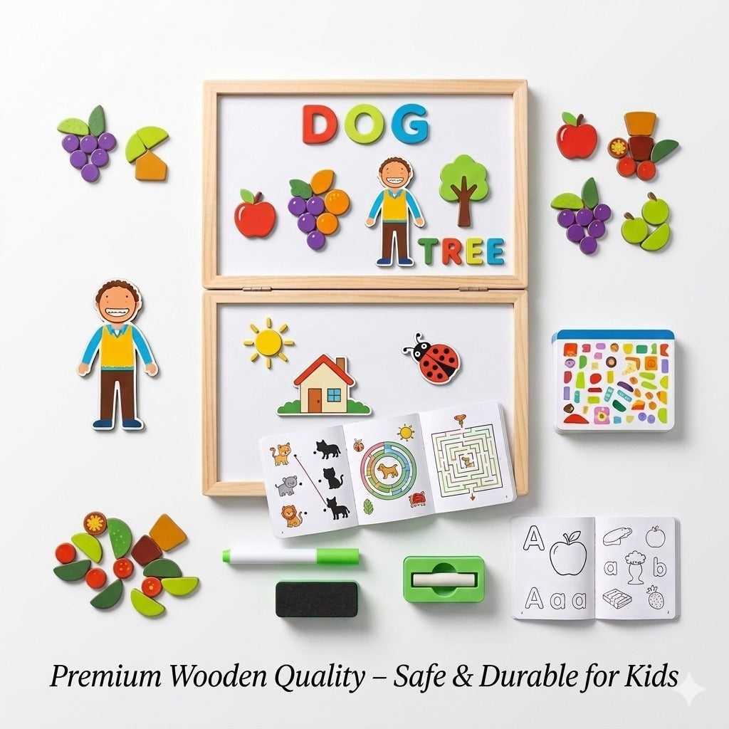 Kids 4-in-1 Magnetic Math & Drawing Montessori Wooden Case – Cartoon Theme