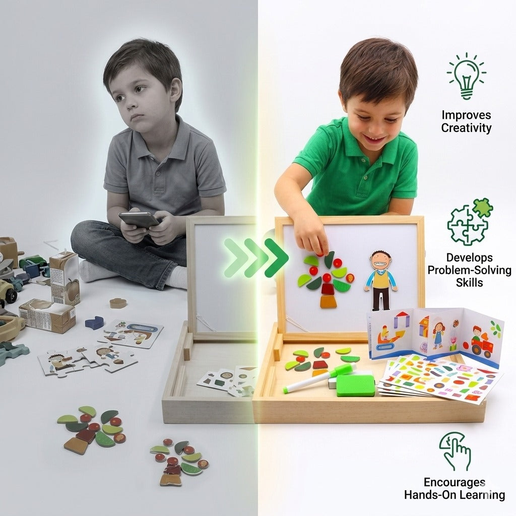 Kids 4-in-1 Magnetic Math & Drawing Montessori Wooden Case – Cartoon Theme