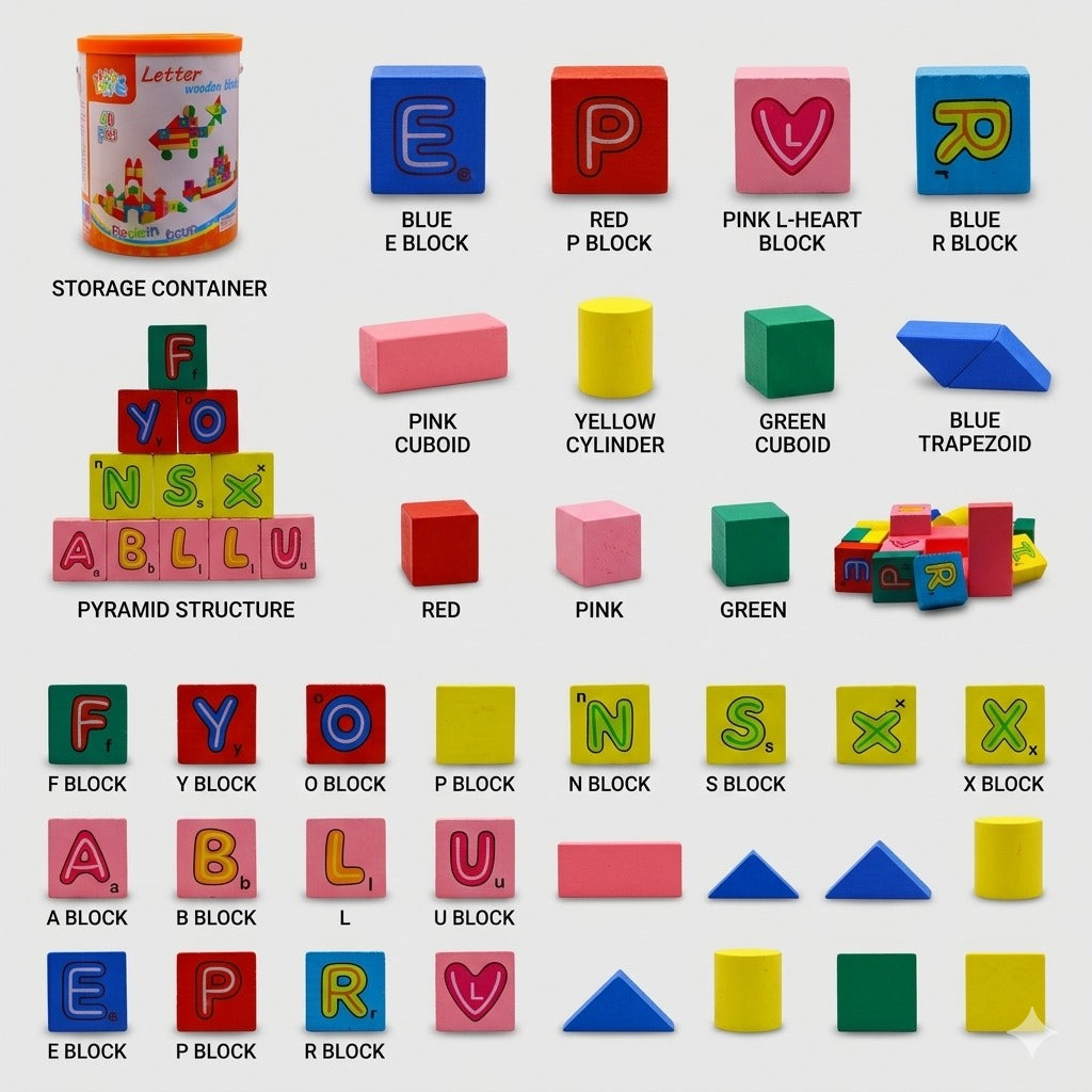 40PCS Wooden Letter Blocks – Castle Shape Educational Toy for Kids | Multi-Color