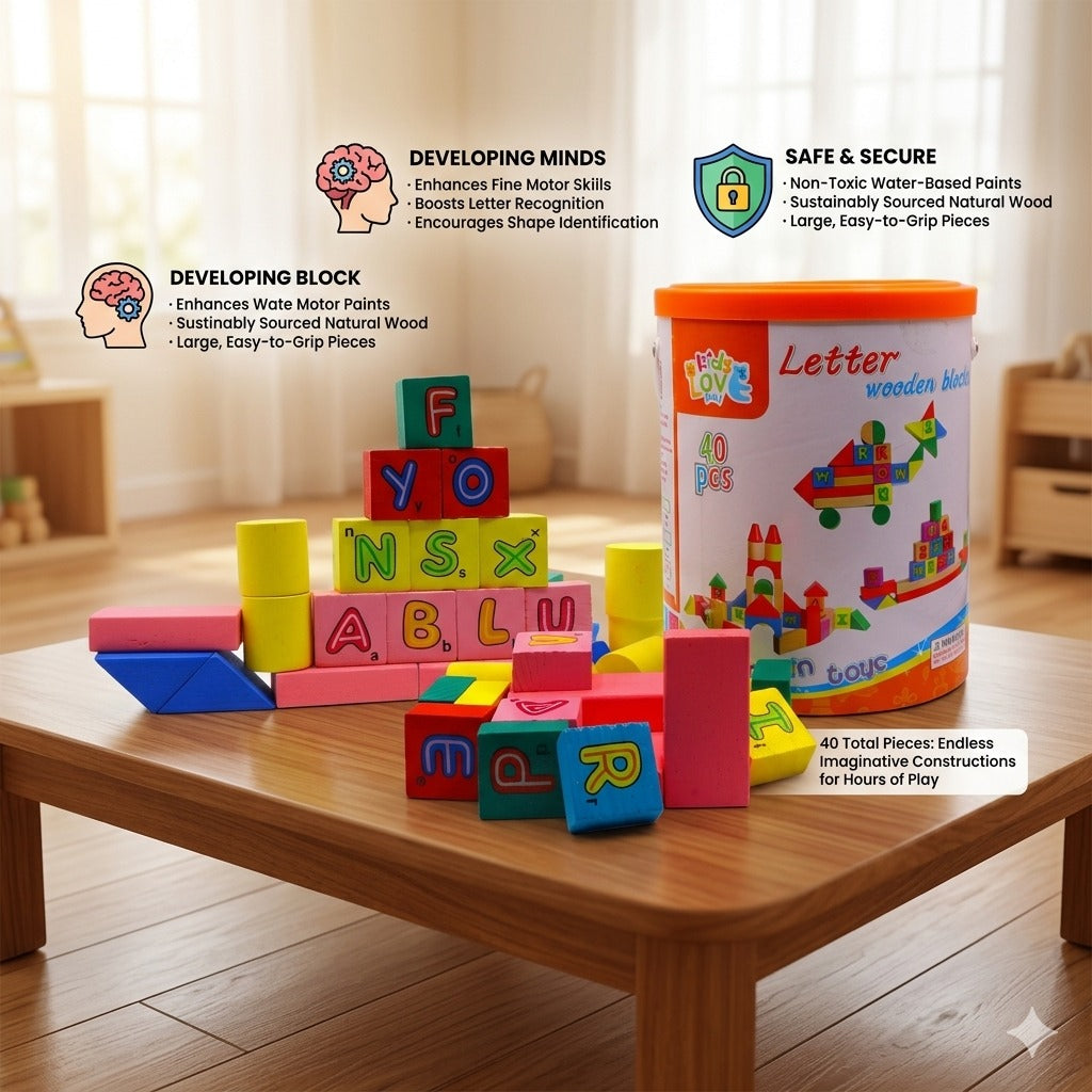 40PCS Wooden Letter Blocks – Castle Shape Educational Toy for Kids | Multi-Color